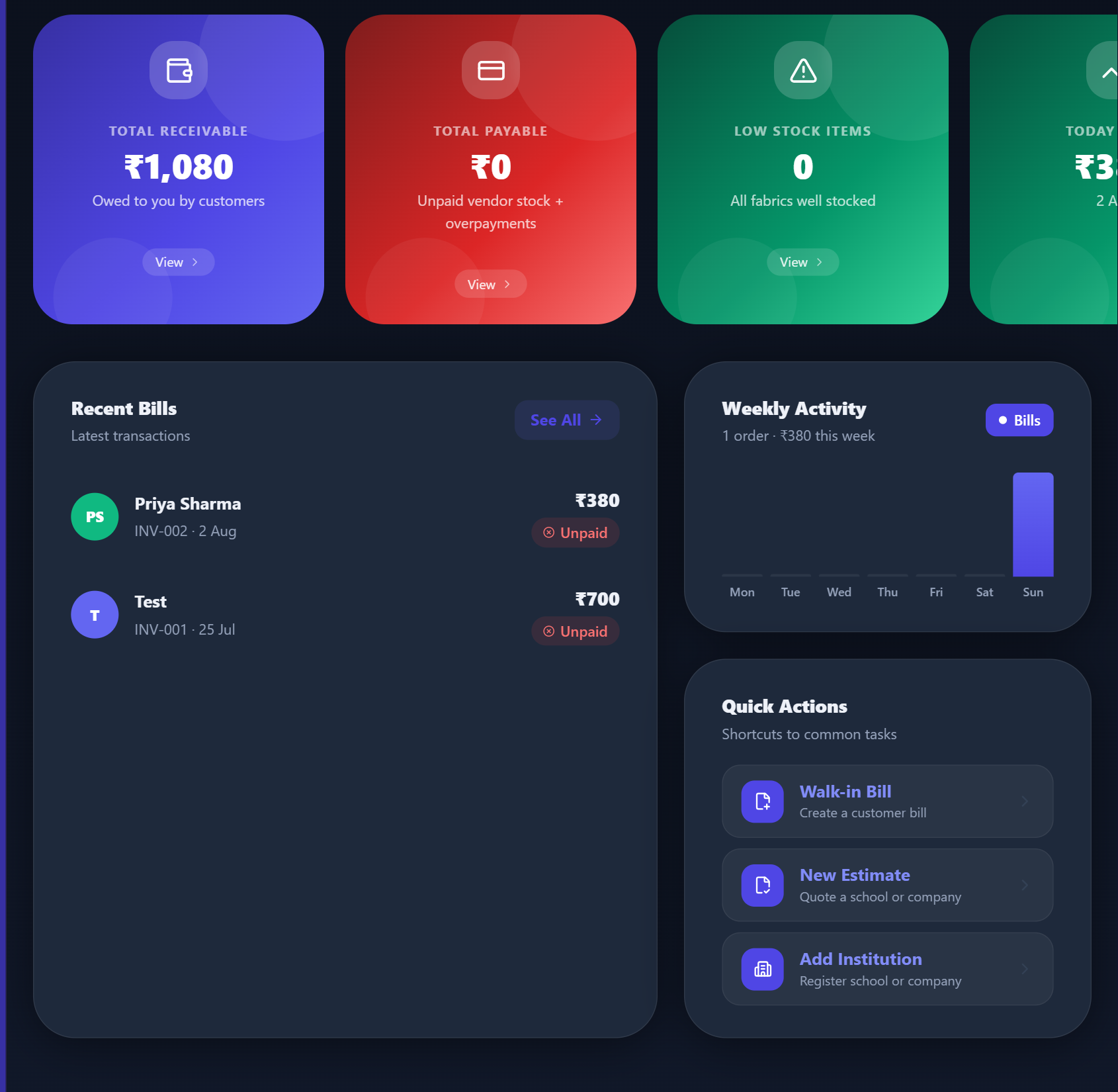 Accura dashboard showing receivables, stock, and recent bills